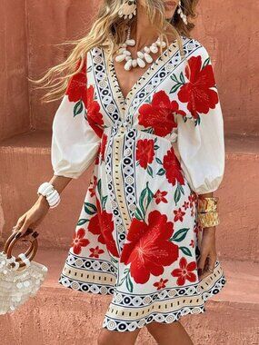 Multicolor Boho Women's V-Neck Mid-Sleeve Cinched Waist A-Line Hem Dress